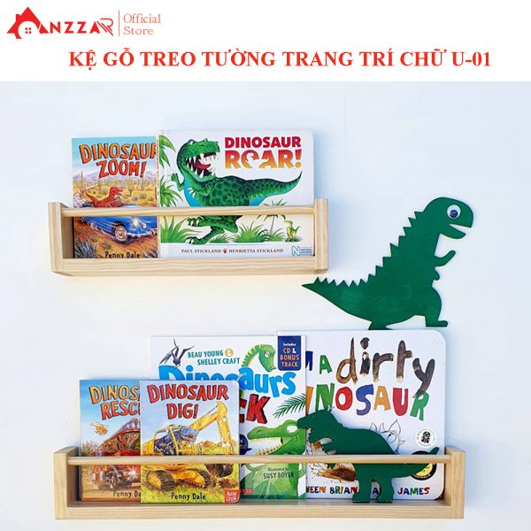 Kệ gỗ treo tường chữ u, kệ gỗ trang trí Anzzar, giá gỗ treo tường để đồ sách, lưu niệm